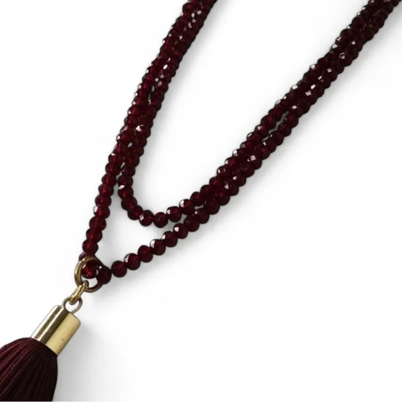 Garnet Red Faceted Crystal Necklace w/ Layered Tassels – 36” Long - Picture 11 of 15